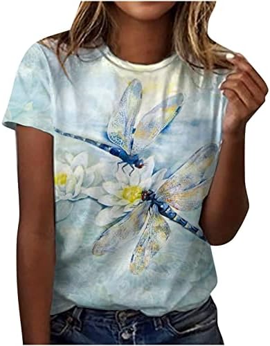 Бранч блузи за тинејџери со кратки ракави со кратки ракави, пеперутка цветна графичка опуштена фит блузи маици жени H8