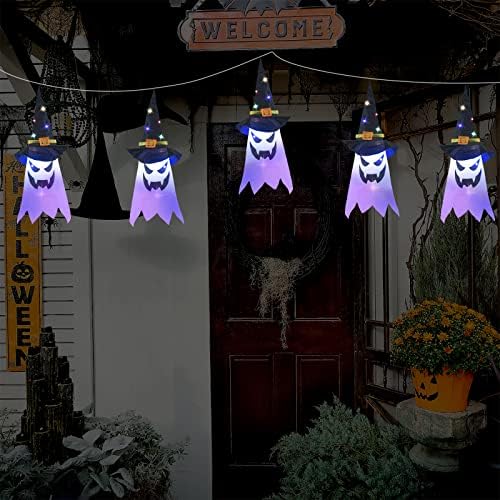 Декорации за Ноќта на вештерките Стринг светла отворено виси, 12 -тина 30 LED осветлени 5 парчиња застрашувачки вештерки капа од дух батерија