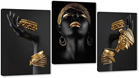 Афроамериканска wallидна уметност - Елегантна африканска жена платно сликање модна жена слика црни жени кои држат златен накит ѓердан