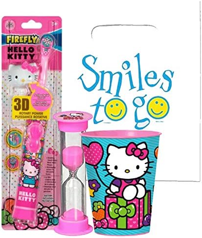 Здраво Кити 3 парчиња светла насмевка Орална хигиена пакет! 3D спин четка за заби, тајмер за четкање и чаша за плакнење на устата! Плус ѓердан за торбичка за заби и заб