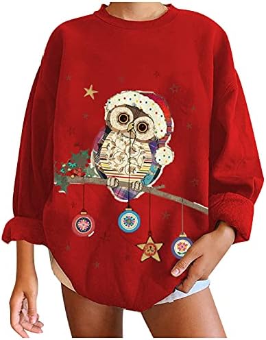 Womenените џемпери на жените, женски слатки смешни екипи Божиќ, симпатична був, графички пуловер, врвови со долги ракави џемпери кошули
