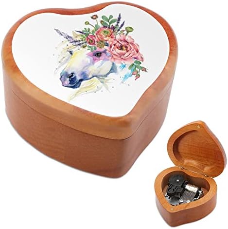 Акварел Унирог букет Вуд музички кутија гроздобер музички кутии подарок за Божиќ роденден Денот на вineубените во форма на срце