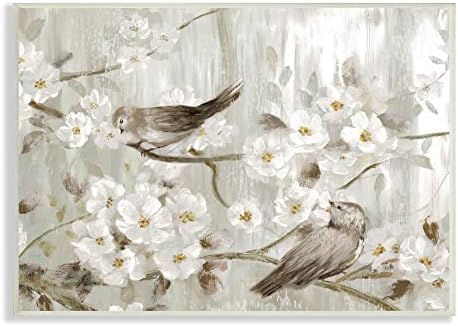 Птици од студ индустрии на пролетно цветно дрво гранки Фармхаус Сликарство, дизајнирано од Нан Wallид плакета, 15 x 10, сива