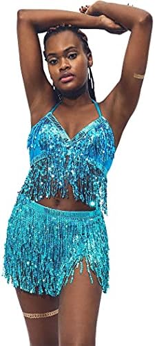 Earent Belly Dance Chip Здолниште со градник Top Sequins Tassel колк со колкот Rave Party Costume за жени
