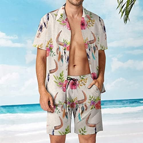 Бул череп со цвеќиња Машки хавајски кошули со кратки ракави со кратки ракави и панталони летни облеки на плажа лабаво вклопување на тренерки