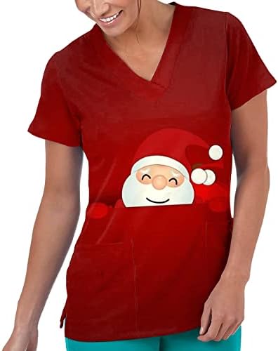 Wocачи жена обични кошули со долг ракав дами обични лабави V вратот Божиќ печати краток ракав, потсмев на вратот, маица, жени