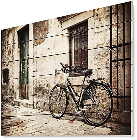 Дизајн Велосипед Со Торба За Пазарење Француски Декор На Ѕид Од Дрво, Уметност На Ѕид Од Црно Дрво, Големи Пејзажи Дрвени Ѕидни Панели Отпечатени