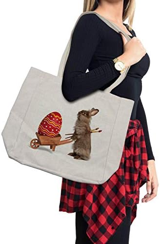Ambesonne велигденска торба за купување, велигденски зајак со четки и насликано јајце во количка хумористична фотографија од животно, еколошка