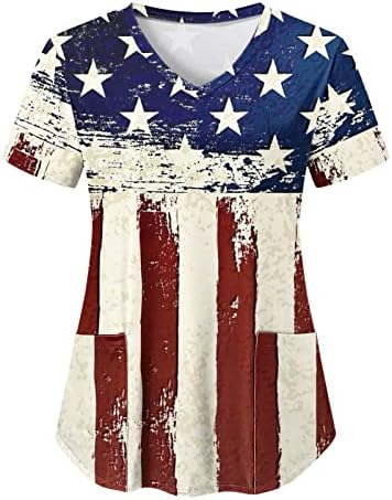 4 јули Маица За Жени Лето Краток Ракав В Вратот Маица со 2 Џебови Американско Знаме Работна Облека Обични Празнични Блузи