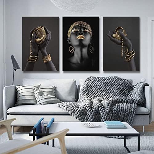 3 парчиња црно -златно платно слики африкански раце на платно wallидни постери и отпечатоци од платно за сликање постери и отпечатоци