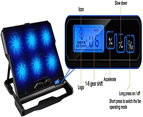 FZZDP лаптоп подлога за ладење 6 вентилатори за ладење и двојно USB ладилник со лесен LCD дисплеј за лаптоп за 12-16 инчи