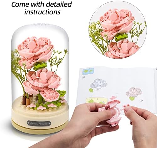 Комепоем цветен букет зграда поставена музичка кутија роза ботаничка со дома/канцелариски биро за украси цветни градежни блокови сетови со корица