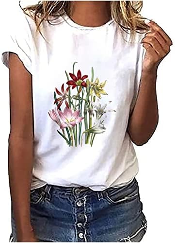 Temanенски симпатична мета цветна графичка печатена екипаж за кратки ракави маички лето врвови естетски маички трендовски цветни
