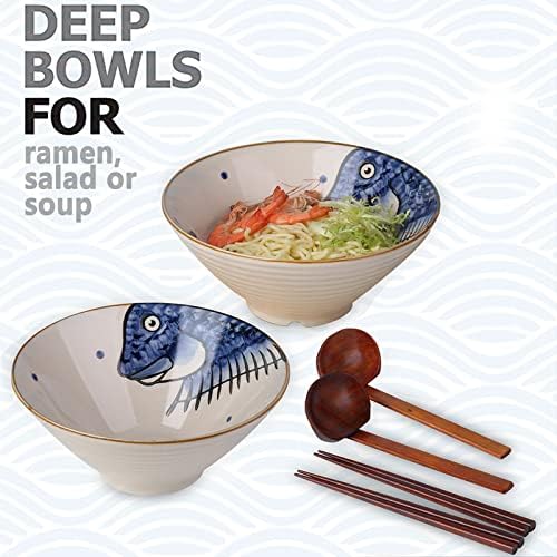 Cerемарички керамички јапонски рамен од супа од тестенини, 2 сетови 60 унци раменски чинии, со лажици и стапчиња за јадење за Удон, фо,