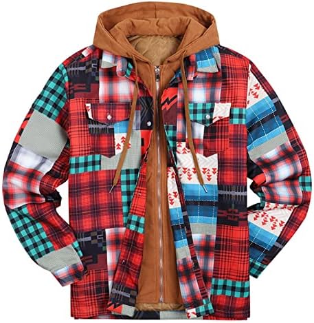 Машки зимски палта сини копче надолу со врвови за ракави на ракави со џебови со џебови, пад на црвена и црна фланелна качулка