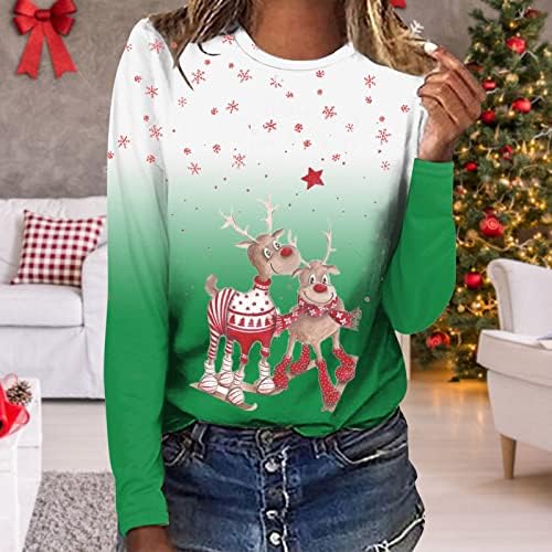 Женски Божиќни туники врвови мода 2023 година Нова Година со долги ракави со екипаж џемпери Снегулка ирваси печати џемпери