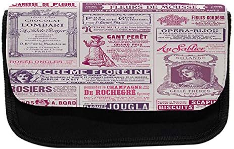 Случајно стариот стар весник за молив, жени дама носталгична, торба со молив со ткаенини со двоен патент, 8,5 x 5,5, магента розова