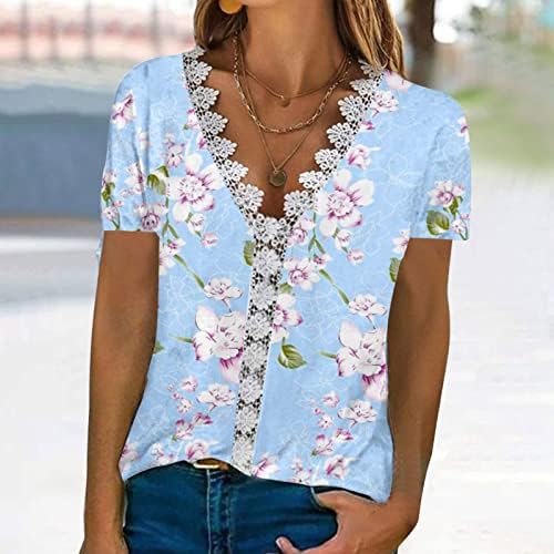 Врвна кошула за жени краток ракав 2023 V вратот чипка памучна цветна графичка лабава вклопена опуштена вклопена обична блуза VC