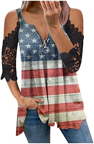Маица за печатење американско Знаме За Жени Ладни Блузи На Вратот Чипка Шупливи Врвови Од Туника Со Кратки Ракави