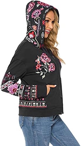 Kissonicенски женски долг ракав везена маичка Бохо Мексиканска худи целосна палто