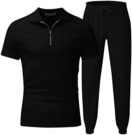 Менс атлетски шорцеви со кратки ракави Поло маица 2 парчиња машка машка манжетни кратки ракави со долг џогер сет за тренерки