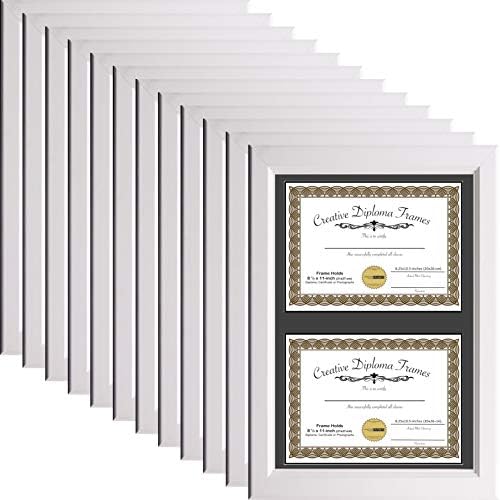 Рамки за креативни слики 14 x20 Бела двојна диплома рамка со црно мачење има два медиуми од 8,5 x 11 -инчи и инсталирани закачалки