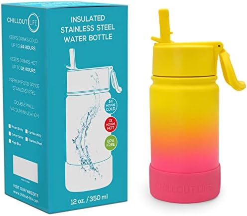 Chillout Life 12 мл изолирано шише со вода со слама капак за деца и возрасни + 20 смешни водоотпорни налепници - Совршено за персонализирање на вашите деца шише со метална во
