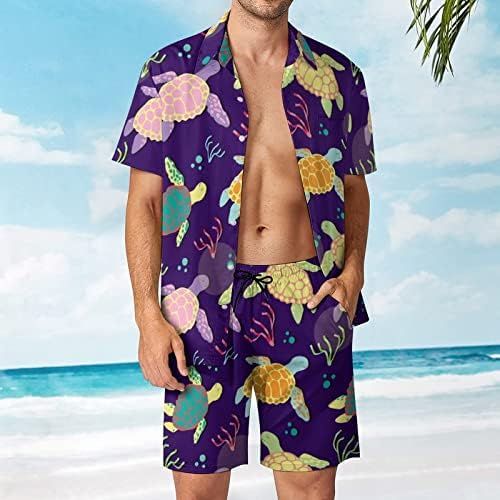 Морски желки машки хавајски кошули со кратки ракави со кратки ракави и панталони летни облеки на плажа лабава фит тренер