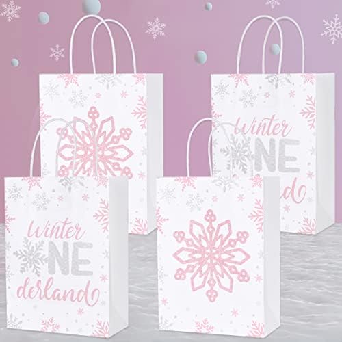 16 парчиња Зимски Онедерленд 1 -та роденденска забава за фаворизирање торби, розови сребрени снегулка, добра хартија за третман на торби