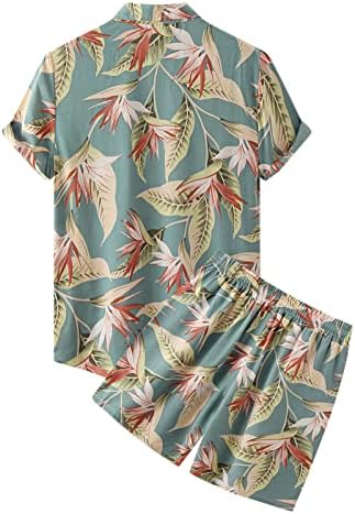 Менс 2 парчиња Обични облеки Машки Хаваи Лисја од лисја од два парчиња со кратки ракави, исклучете го џебот од кошула од јака