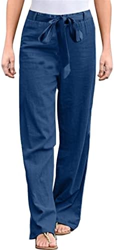 Zdferенски женски памучен постелнина за лепење панталони со еластична половината на глуждот, панталони, обични панталони со џебови