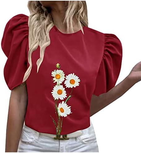 Haveенски ракав ракав летни врвови на цвеќиња од цвеќиња за печатење на вратот Тенок маички лабави удобни блузи со краток ракав