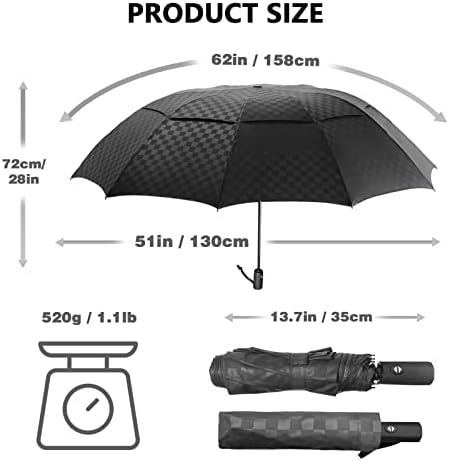 Сатол голем чадор за голф 62 инчи, автоматско ветерно двојно крошна вентилирана 8 ребра цврсто преклопување чадор, UPF 50+ преносен