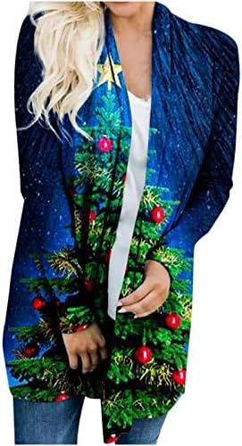 Есенски кардигани за жени модна отворена предна туника е новогодишна елка печатени долги ракави палта со лесна надворешна облека