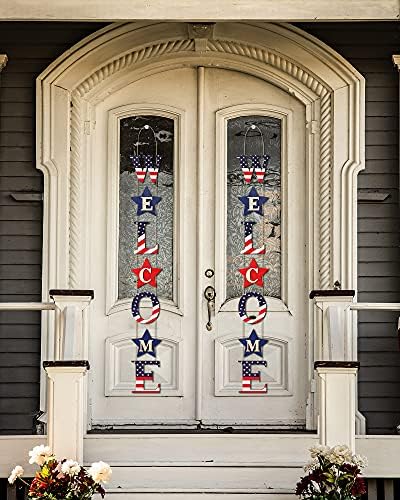 JETEC 2 парчиња дрвени Американци добредојде Вертикална висечка знак Патриотска Ден на независност Вратата виси декорација со јажиња за домашна