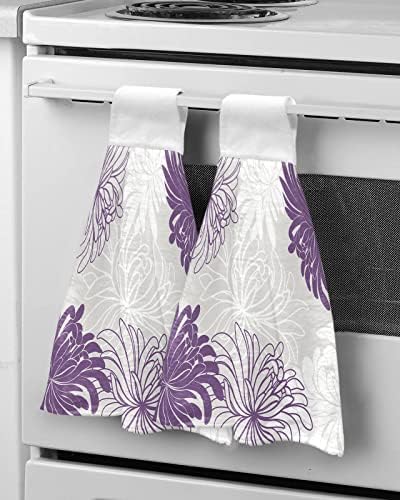 Апстрактни виолетови бели цвеќиња цвет што виси вратоврска за вратоврска за кујна бања, 2 пакувања трајни апсорбирачки рачни крпи заштитени