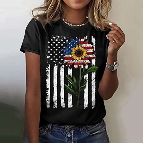 Американска кошула со знаме за жени 4 -ти јули Ден на независност на Денот на независноста, летен врвови на кратки ракави на вратот, летни врвови