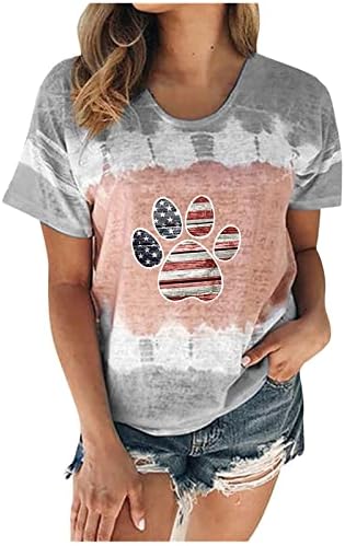 Бранч блузи за тинејџери за кратки ракави со кратки ракави во боја на екипаж во САД Ден на независност мачка шепа Печати симпатични врвни жени 9y