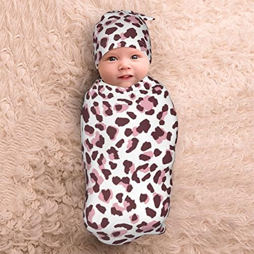 Розови леопард бебиња за бебиња, сет на ќебе, меко и истегнување на новороденче за новороденче, завиткана вреќа за влечење за момче/девојка