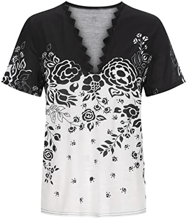 Јуниори маички графички врвови на врвови кошули кратки ракави длабоки v вратот чипка чиста есенска летна облека облека мода