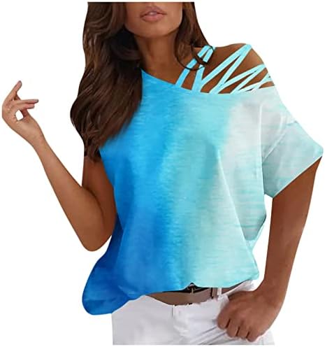 FMCHICO врвови за жени случајно лето едно од рамото маички со кратки ракави со краток ракав