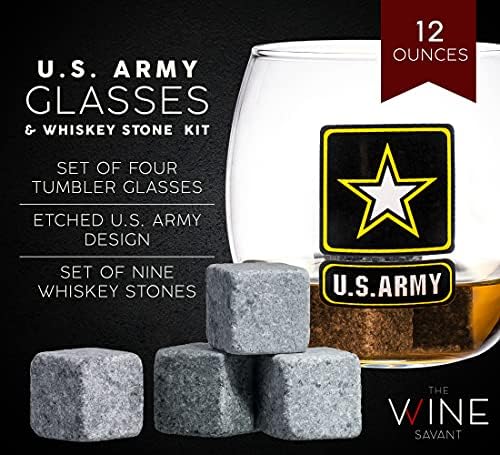Сет на виски за виски за армиски светски очила и 4 очила за алкохол - американска армија виски декотер и стакло поставено со дрвена база