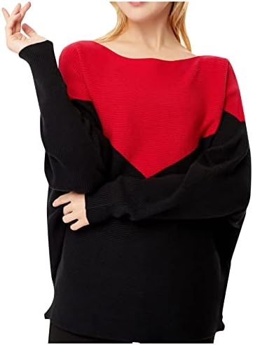 Женски џемпери контраст на зашивање лабава еден врат со долг ракав лилјак плетен џемпер со врвни џемпери на пуловер