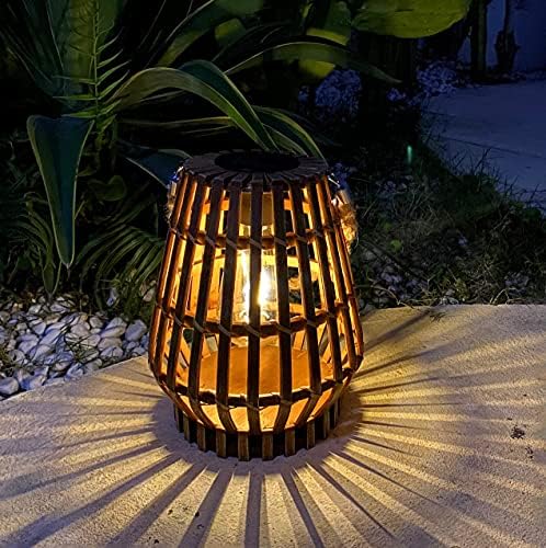 Соларна висина фенер на отворено, водоотпорни природни бамбус фенери со рачка Едисон Дизајн на сијалица соларна маса за ламби