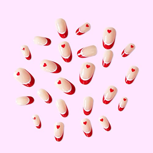 Камизи Црвен среден печат на совети за нокти Акрилик Симпатична лажна нокти бадем целосна покривка Француско срце лажни нокти за жени и девојчиња