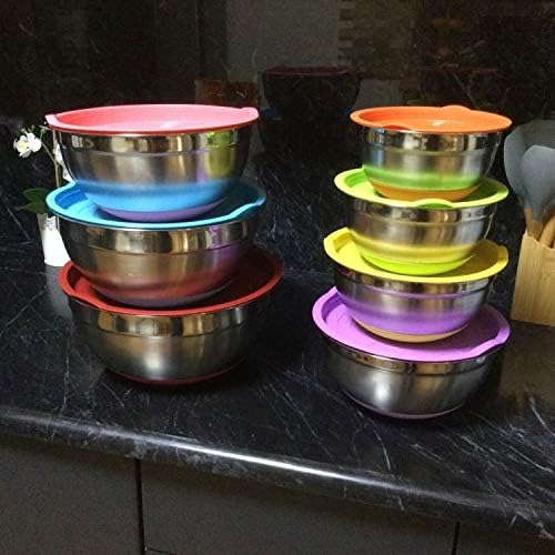 SJYDQ 7 бои чинија за мешање од не'рѓосувачки челик со капаци кујнски кујнски садови за миксер за салата од салата што не се лизгаат