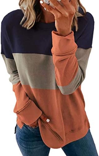 Женски туничен пуловер Топ 2023 мода плус големина во боја што одговара на долги ракави, обична маица тенок фит џемпер врвот на врвот