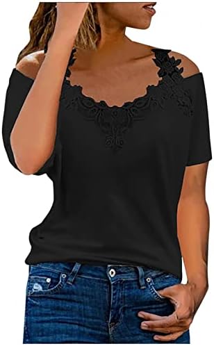 Женски врвови и блузи секси врвови за жени 2022 кошули за жени чипка трим V врат -случајни кратки ракави блузи