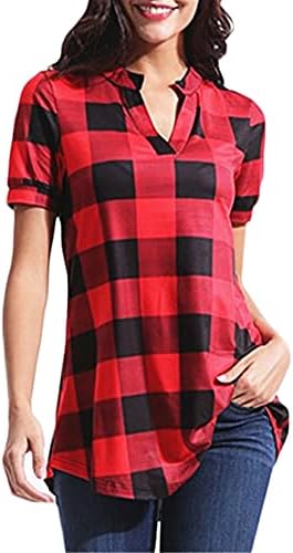 Andongnywell женски кошула со кратки ракави карирани v вратот лабава туника лежерна маичка карирана печатена блузи врвови