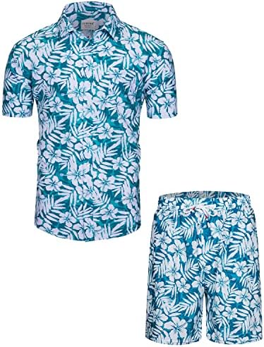 ФОХЕМР МЕНС Хавајски кошула и кратки плажа сет со тропски ананас/фламинго шема облека за кратки ракави кратки 2 компјутер